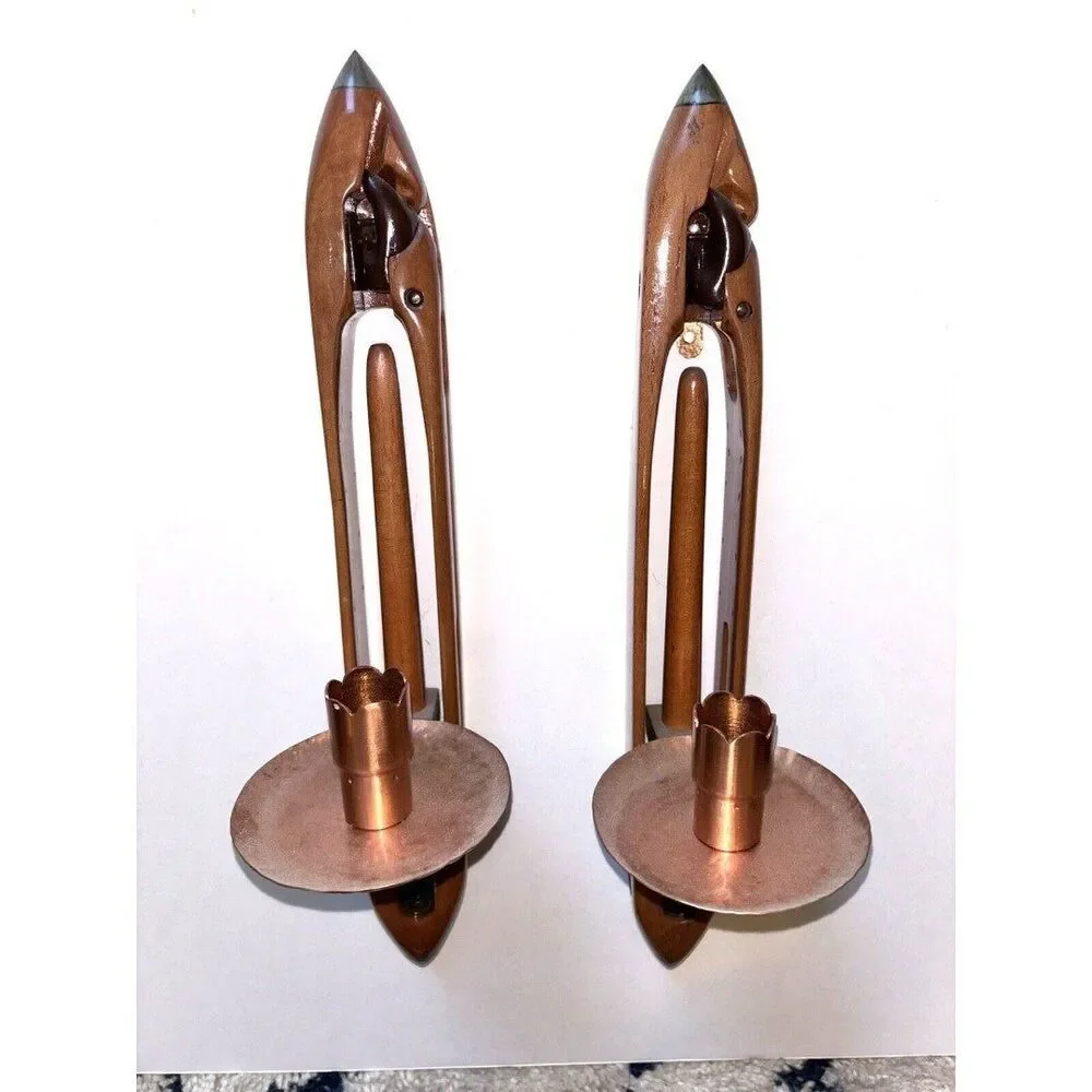 Vintage Wooden Textile Mill Weaving Loom Shuttlecock wall Candlestick Holders